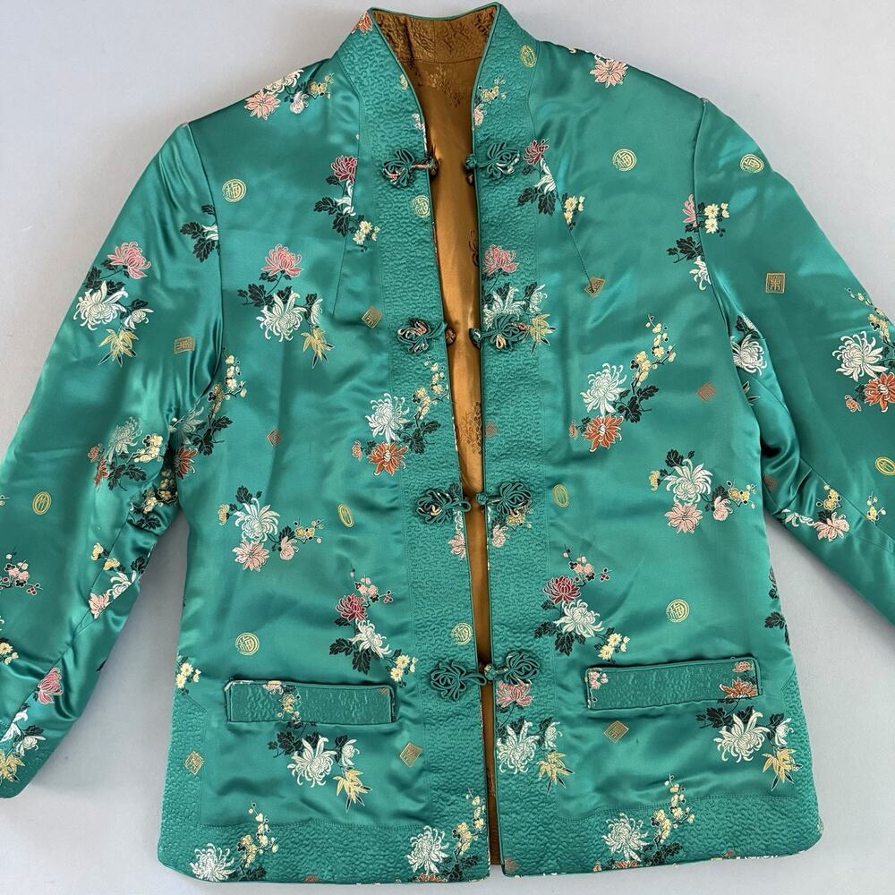 Floral Embroidered Satin Chinese Style Reversible Jacket - Teal